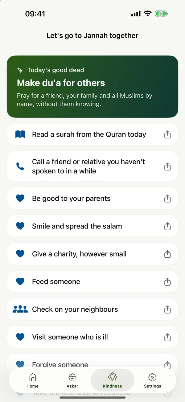 Kindness screen with today's good deed, Make du'a for others, and a list of deeds such as reading a surah and calling a relative.