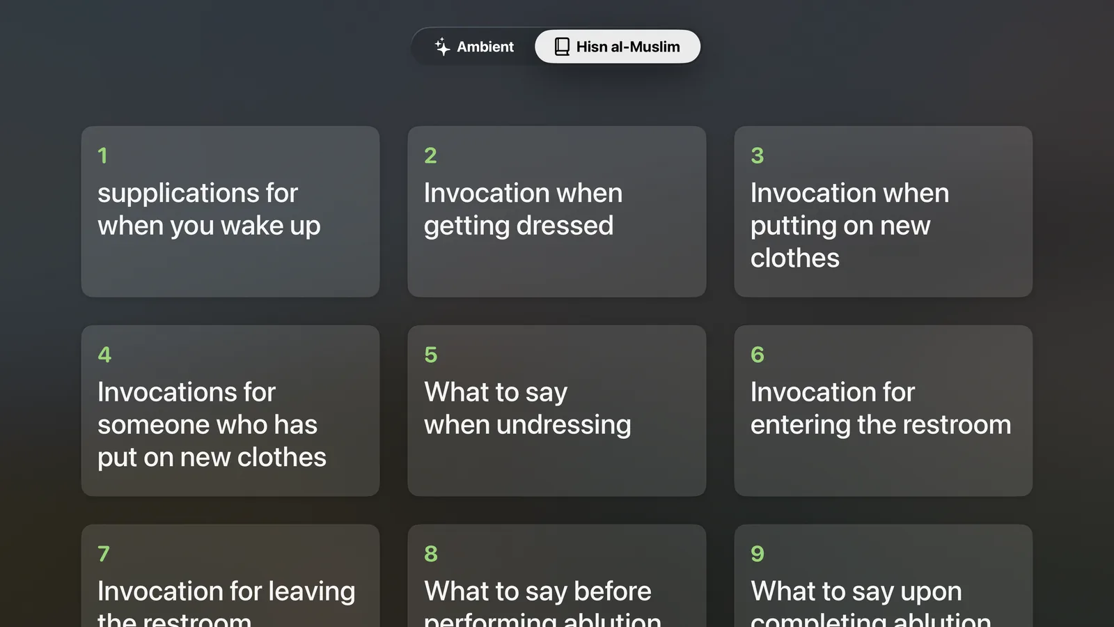 Hisn al-Muslim on Apple TV: a grid of chapters.