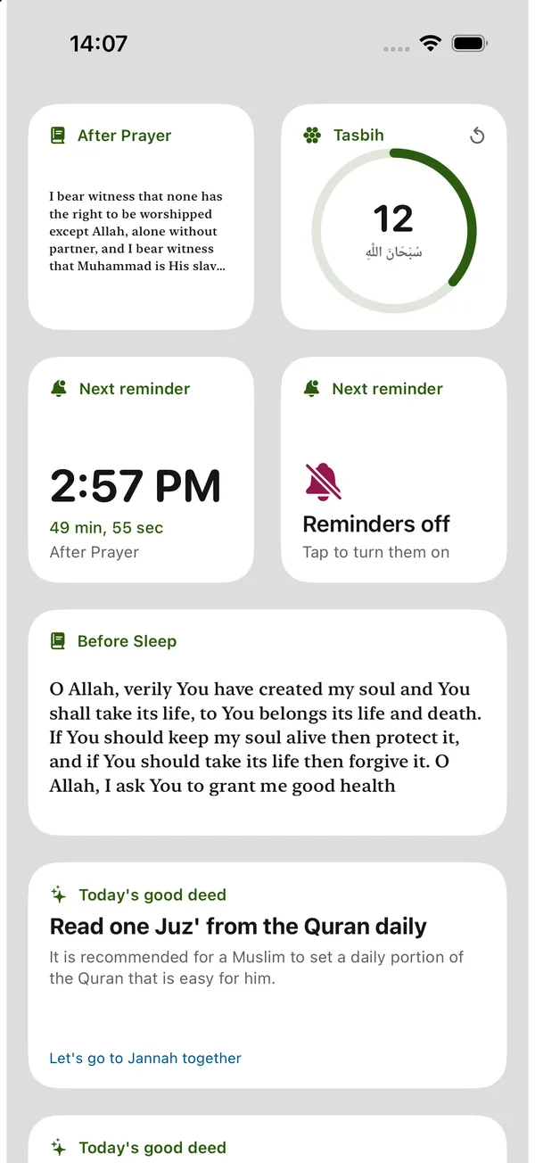 Home Screen with Al Zakirin widgets: After Prayer dhikr, Tasbih at 12, Next reminder at 2:57 PM, a Before Sleep dhikr and Today's good deed.